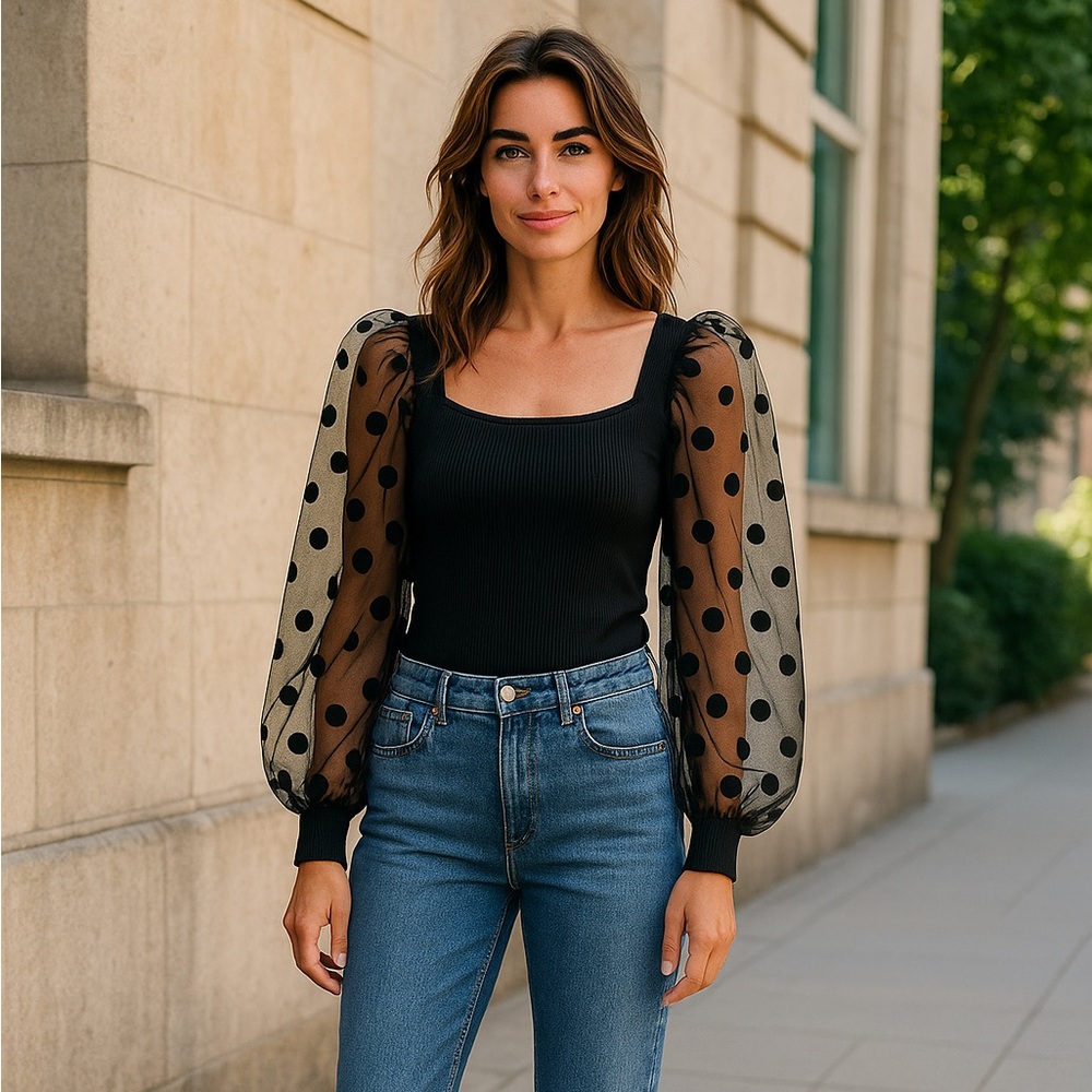 Lulu's Black Ribbed Bodysuit with Polka Dot Sheer Puff Sleeves